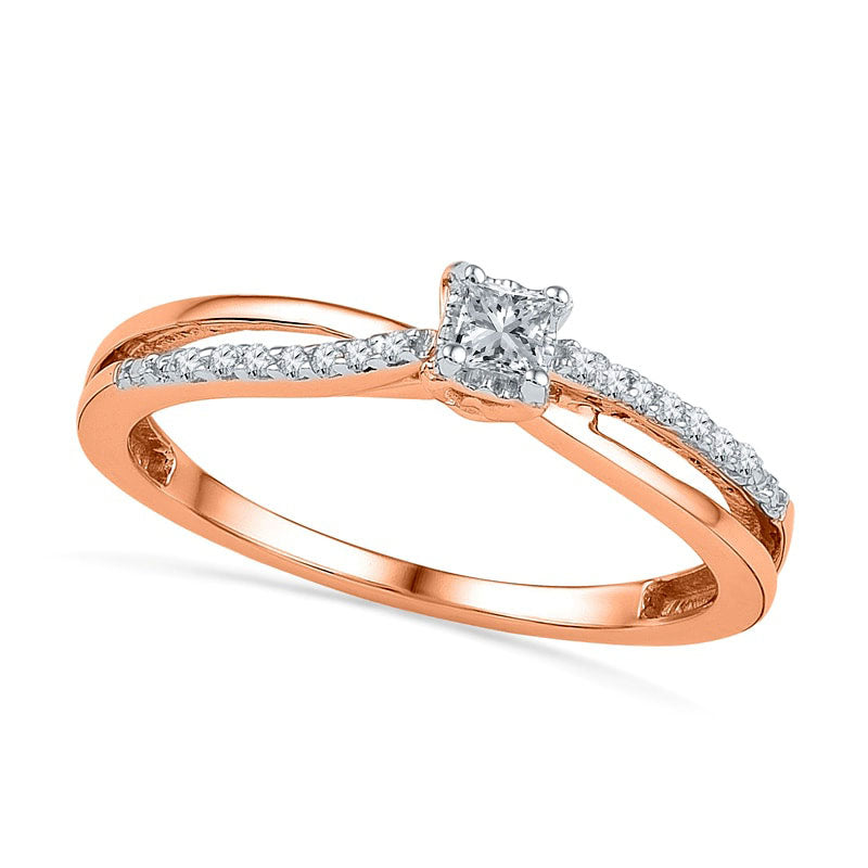 Image of ID 1 010 CT TW Princess-Cut Natural Diamond Split Shank Promise Ring in Solid 10K Rose Gold