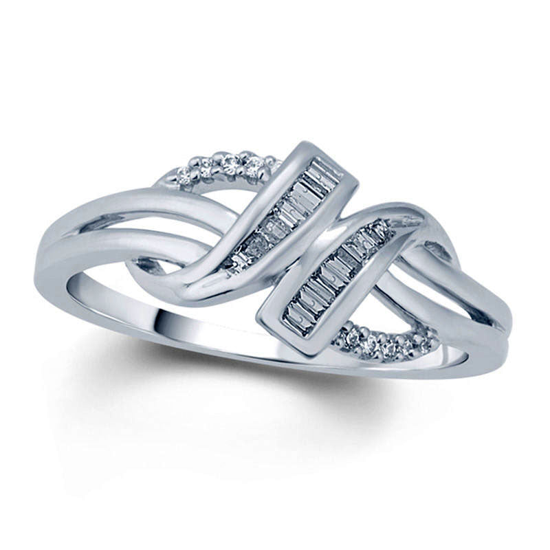 Image of ID 1 013 CT TW Baguette and Round Natural Diamond Bypass Ring in Sterling Silver