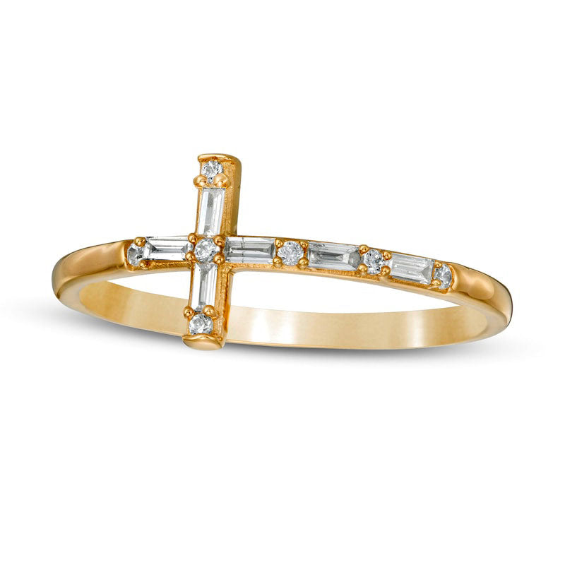 Image of ID 1 013 CT TW Baguette and Round Natural Diamond Cross Ring in Solid 10K Yellow Gold