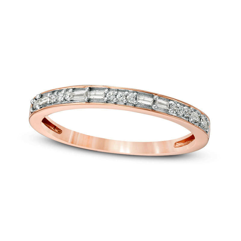 Image of ID 1 013 CT TW Baguette and Round Natural Diamond Two Stone Alternating Stackable Band in Solid 10K Rose Gold