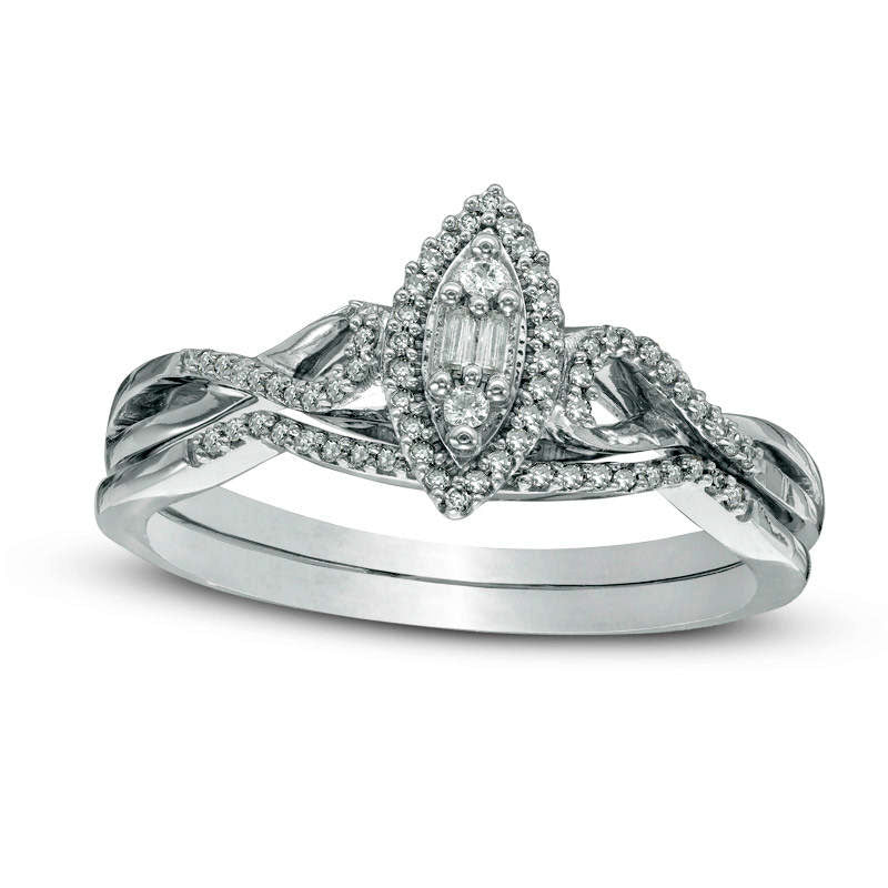 Image of ID 1 013 CT TW Composite Natural Diamond Marquise Frame Twist Bridal Engagement Ring Set in Sterling Silver
