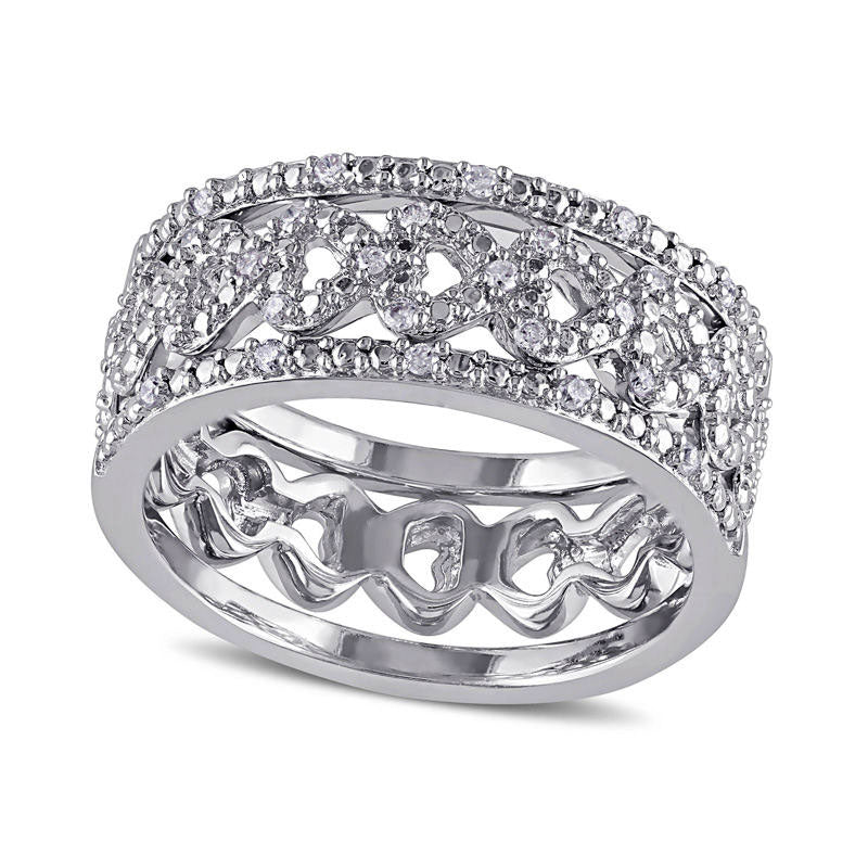 Image of ID 1 013 CT TW Natural Diamond Heart Three Piece Stackable Band Set in Sterling Silver