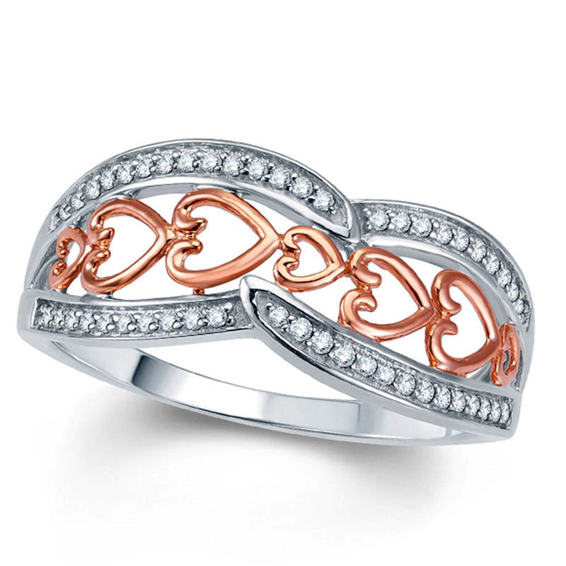 Image of ID 1 013 CT TW Natural Diamond Swirl Hearts Ring in Sterling Silver with Solid 14K Rose Gold Plate