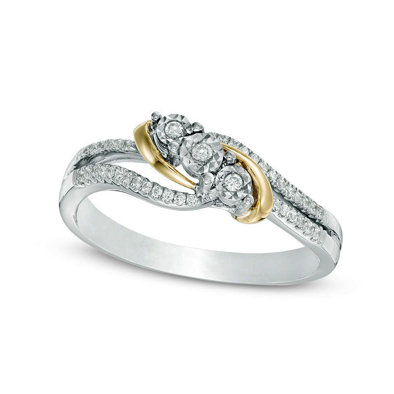 Image of ID 1 013 CT TW Natural Diamond Three Stone Bypass Split Shank Ring in Sterling Silver and Solid 10K Yellow Gold