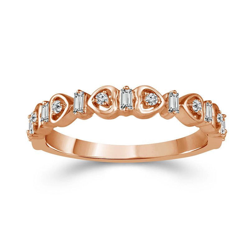 Image of ID 1 017 CT TW Baguette and Round Natural Diamond Alternating Heart Stackable Band in Solid 10K Rose Gold