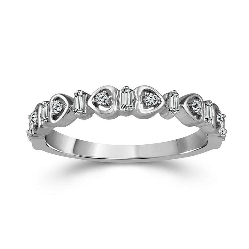 Image of ID 1 017 CT TW Baguette and Round Natural Diamond Alternating Heart Stackable Band in Solid 10K White Gold