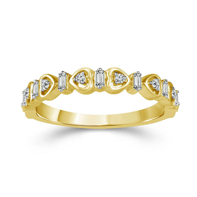 Image of ID 1 017 CT TW Baguette and Round Natural Diamond Alternating Heart Stackable Band in Solid 10K Yellow Gold