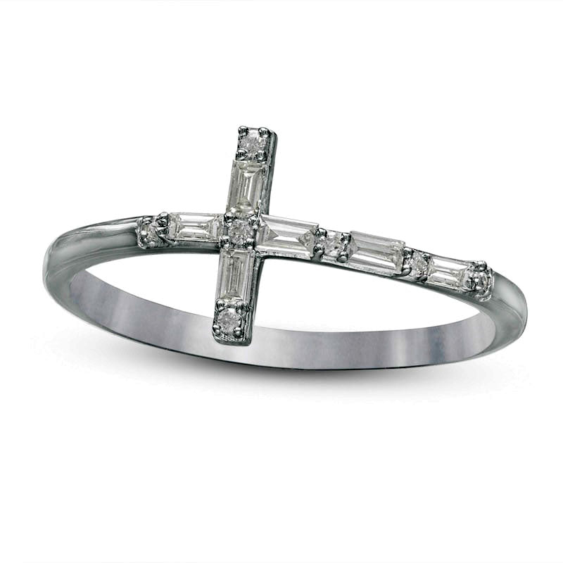 Image of ID 1 017 CT TW Baguette and Round Natural Diamond Sideways Cross Ring in Solid 10K White Gold
