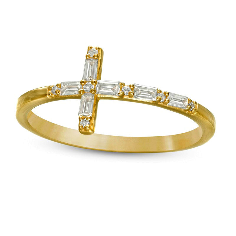 Image of ID 1 017 CT TW Baguette and Round Natural Diamond Sideways Cross Ring in Solid 10K Yellow Gold