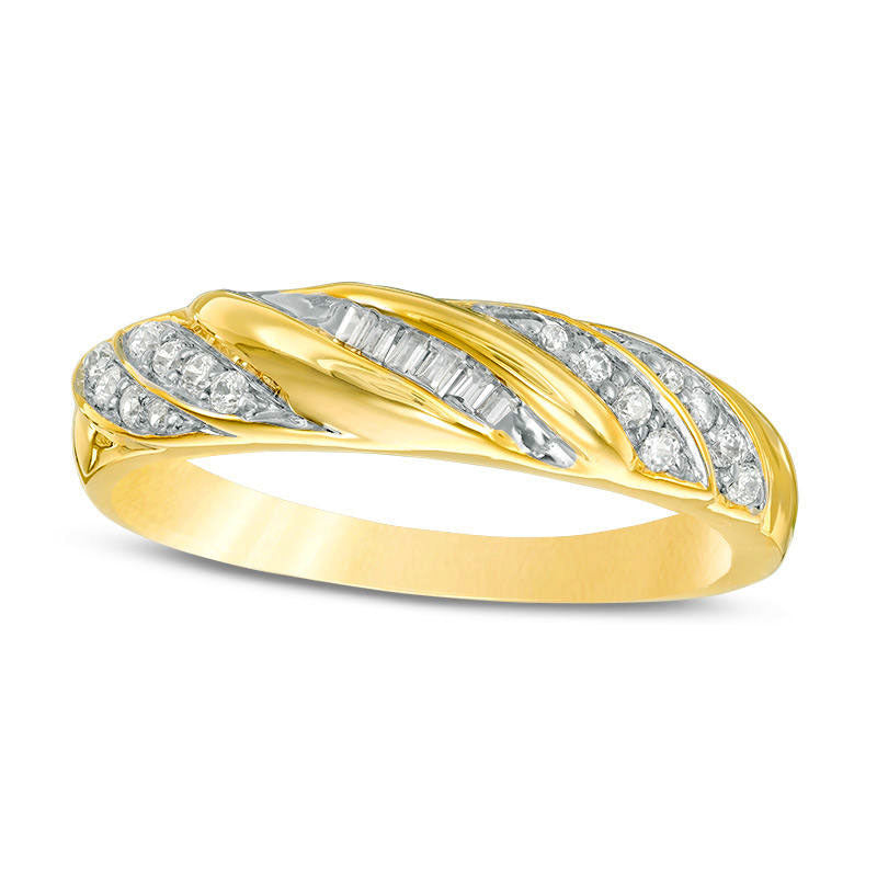 Image of ID 1 017 CT TW Baguette and Round Natural Diamond Twist Slant Anniversary Band in Solid 10K Yellow Gold