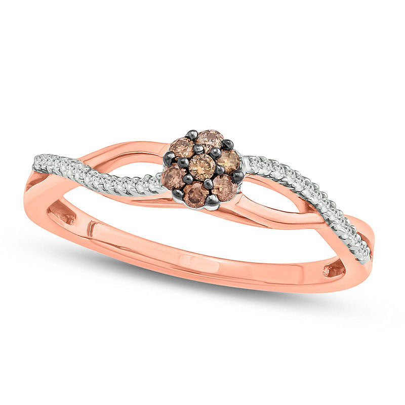 Image of ID 1 017 CT TW Champagne and White Composite Natural Diamond Twist Promise Ring in Solid 10K Rose Gold