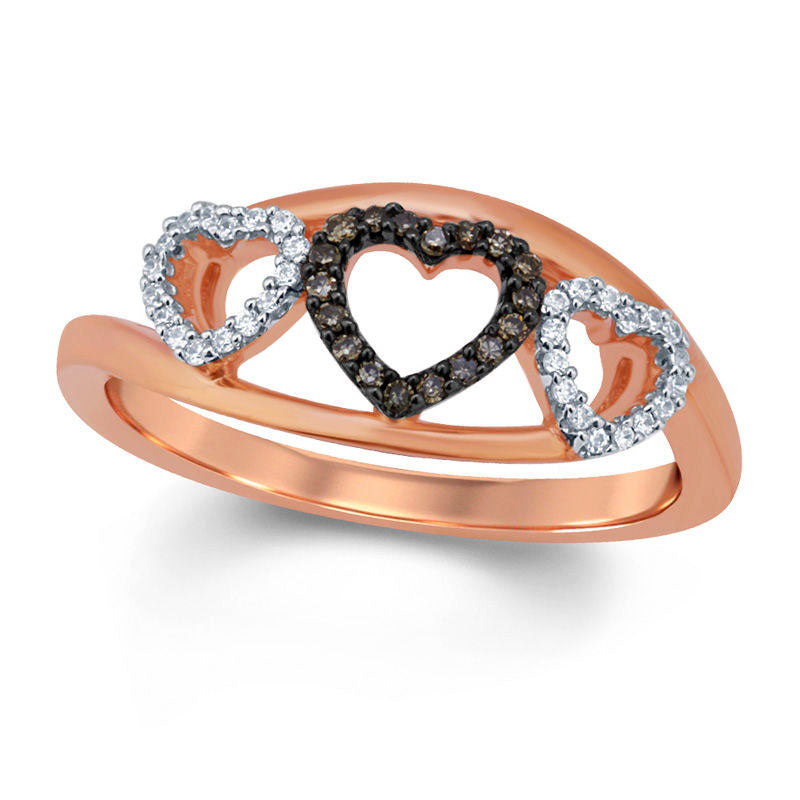 Image of ID 1 017 CT TW Champagne and White Natural Diamond Triple Heart Ring in Solid 10K Rose Gold