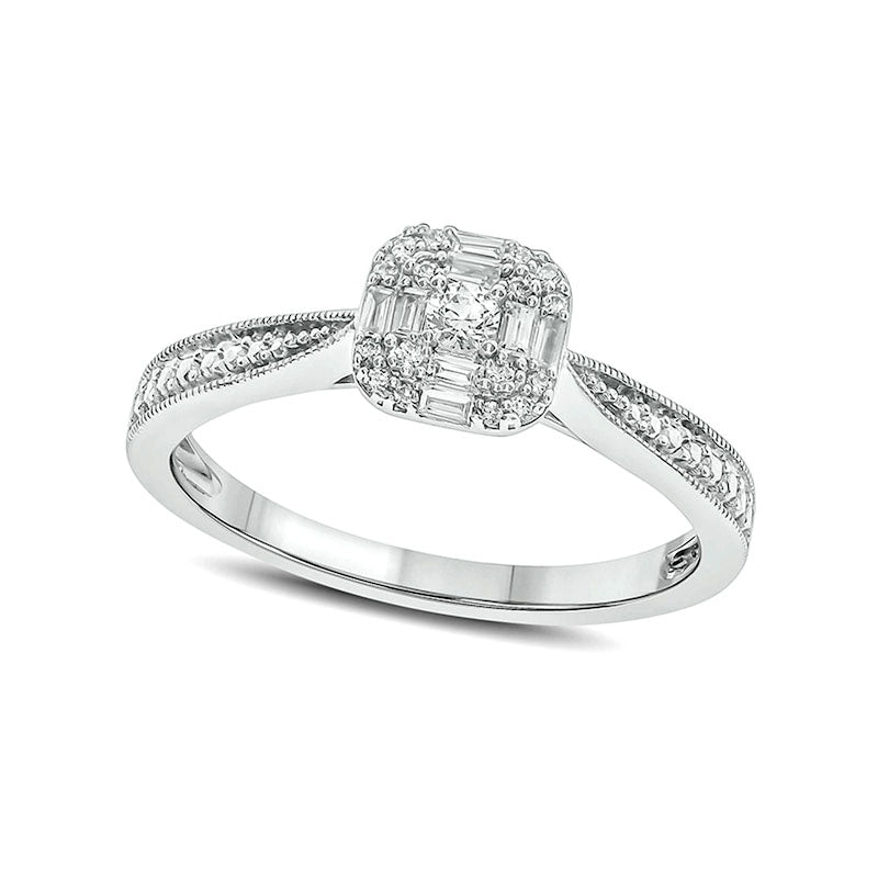 Image of ID 1 017 CT TW Composite Natural Diamond Cushion Frame Antique Vintage-Style Promise Ring in Sterling Silver