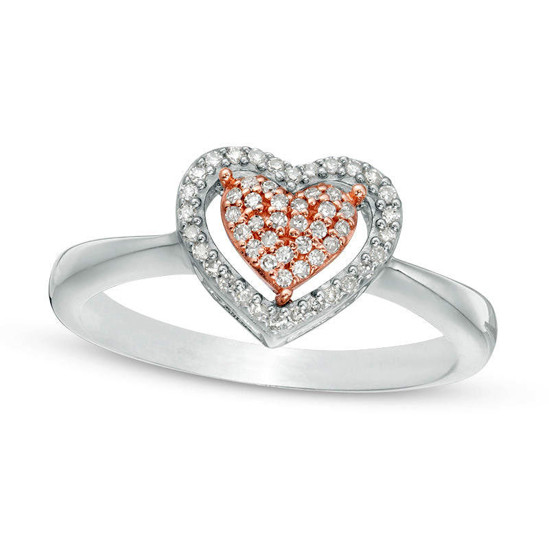Image of ID 1 017 CT TW Composite Natural Diamond Heart Frame Ring in Sterling Silver and Solid 10K Rose Gold - Size 7