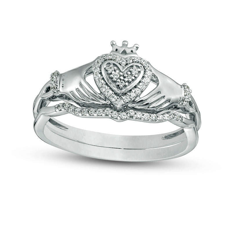 Image of ID 1 017 CT TW Composite Natural Diamond Heart Frame Twist Claddagh Bridal Engagement Ring Set in Solid 10K White Gold