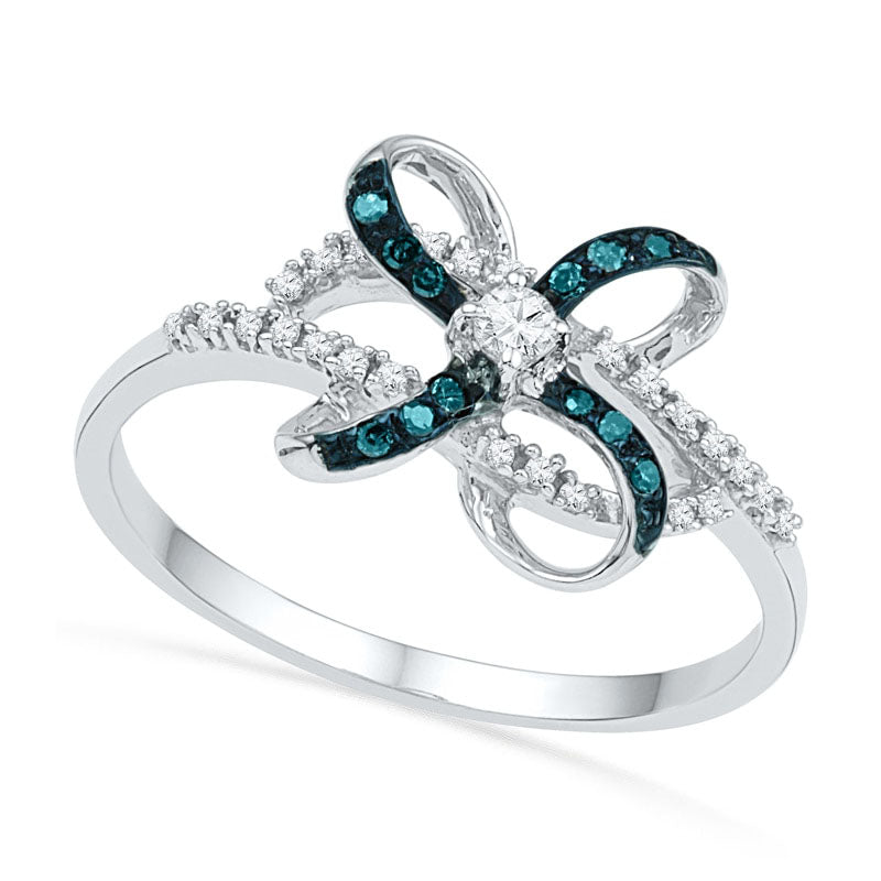 Image of ID 1 017 CT TW Enhanced Blue and White Natural Diamond Orbit Bow Ring in Solid 10K White Gold