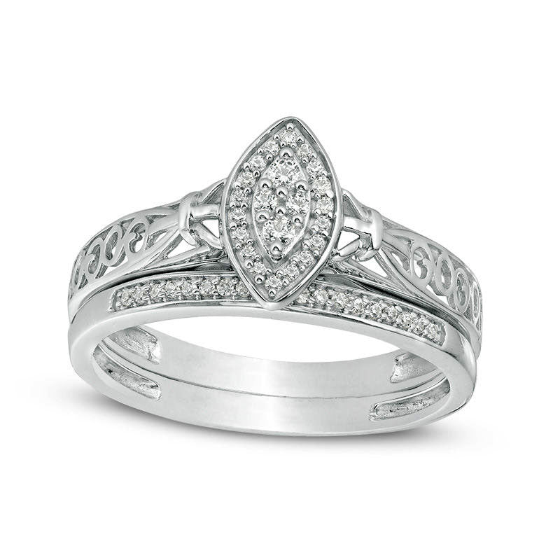Image of ID 1 017 CT TW Marquise Composite Natural Diamond Frame Filigree Shank Bridal Engagement Ring Set in Sterling Silver