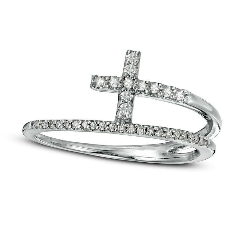 Image of ID 1 017 CT TW Natural Diamond Cross Split Shank Stacked Ring in Solid 10K White Gold