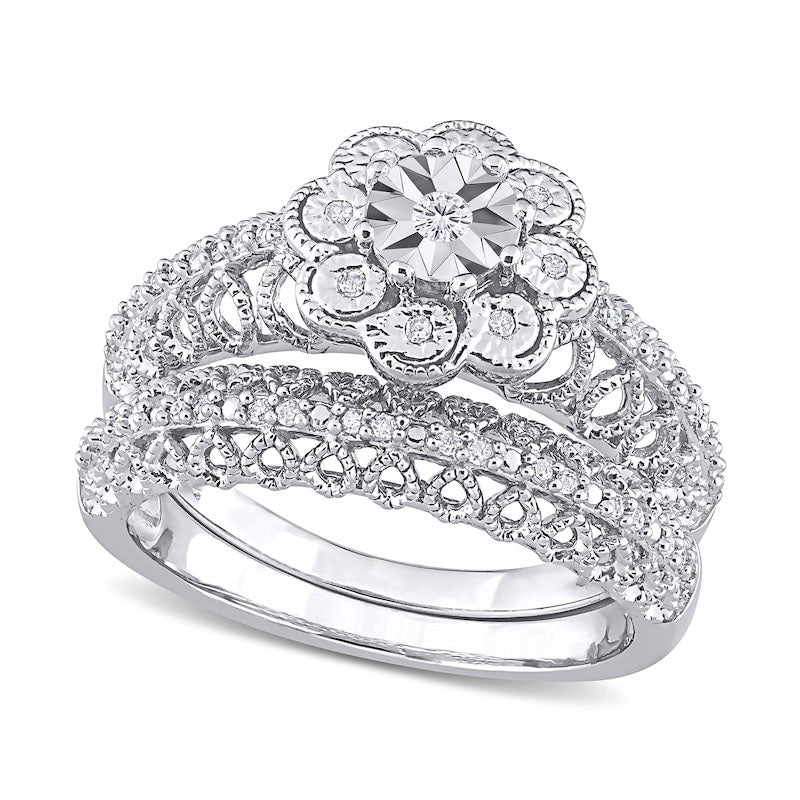 Image of ID 1 017 CT TW Natural Diamond Flower Frame Antique Vintage-Style Bridal Engagement Ring Set in Sterling Silver