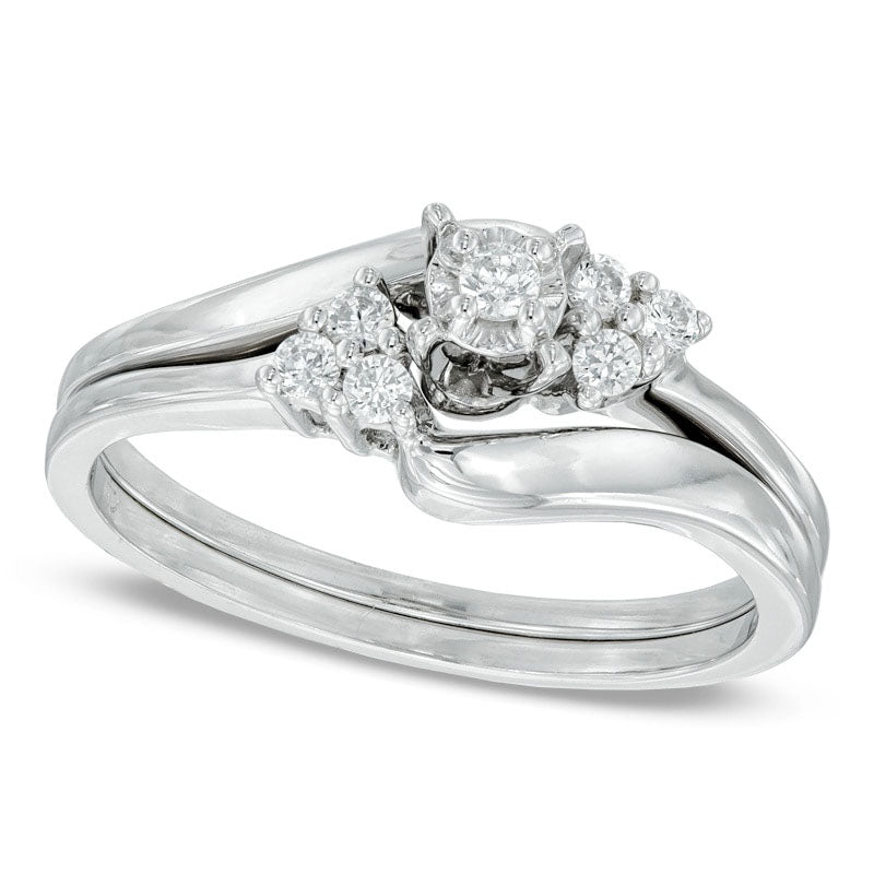 Image of ID 1 017 CT TW Natural Diamond Three Stone Slant Bridal Engagement Ring Set in Solid 10K White Gold