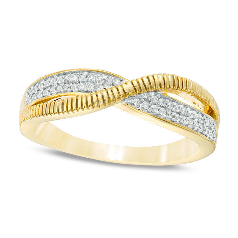 Image of ID 1 017 CT TW Natural Diamond and Textured Double Row Crossover Ring in Solid 10K Yellow Gold