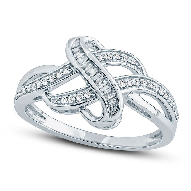 Image of ID 1 020 CT TW Baguette and Round Natural Diamond Crossover Ring in Sterling Silver