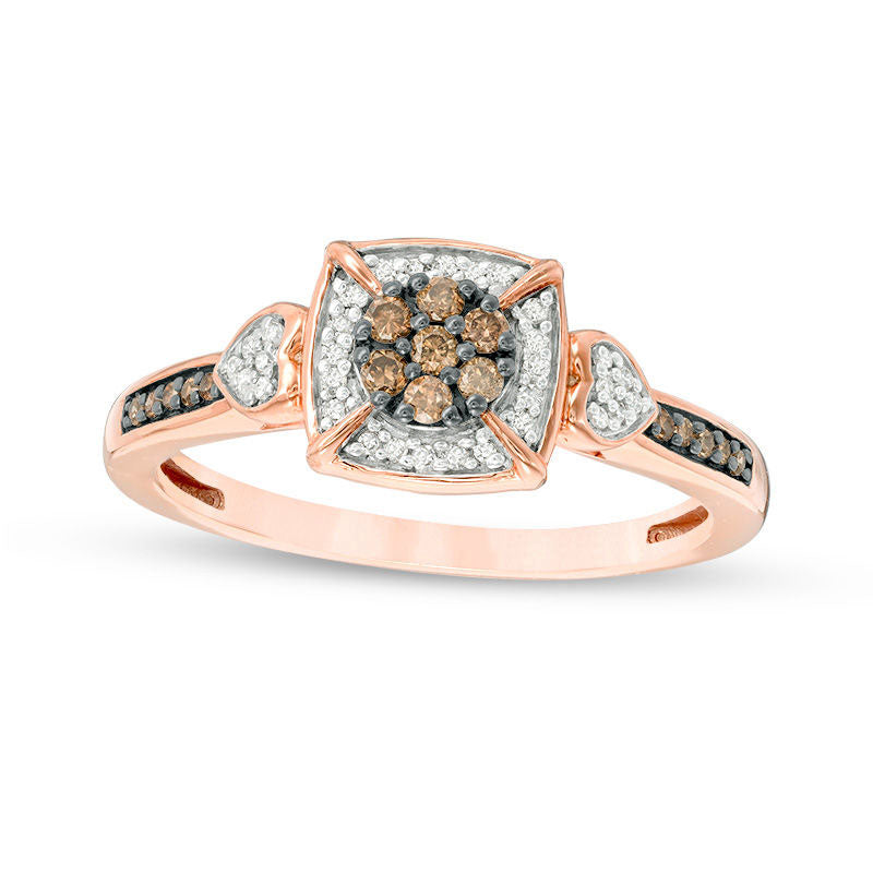 Image of ID 1 020 CT TW Champagne and White Composite Natural Diamond Cushion Frame Promise Ring in Solid 10K Rose Gold
