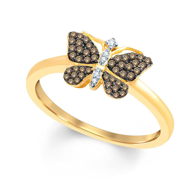 Image of ID 1 020 CT TW Champagne and White Natural Diamond Butterfly Ring in Solid 10K Yellow Gold