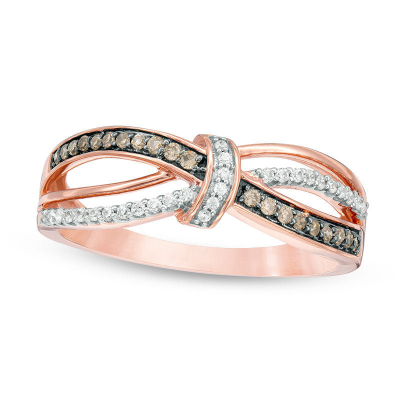 Image of ID 1 020 CT TW Champagne and White Natural Diamond Knot Wave Ring in Solid 10K Rose Gold