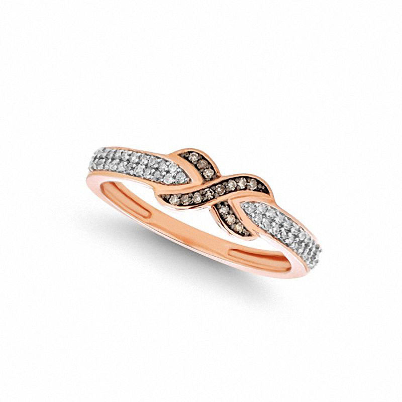 Image of ID 1 020 CT TW Champagne and White Natural Diamond X Ring in Solid 10K Rose Gold
