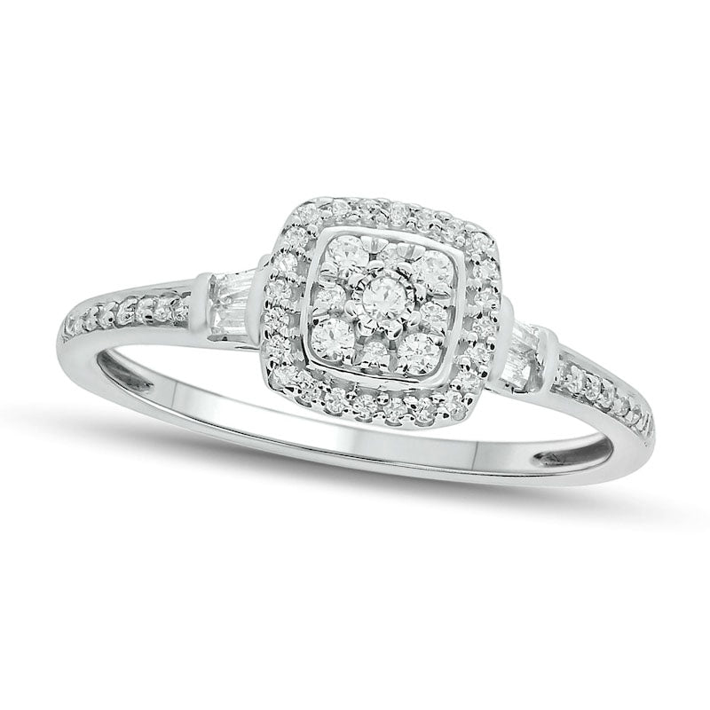 Image of ID 1 020 CT TW Composite Baguette and Round Natural Diamond Cushion-Shape Frame Promise Ring in Solid 10K White Gold