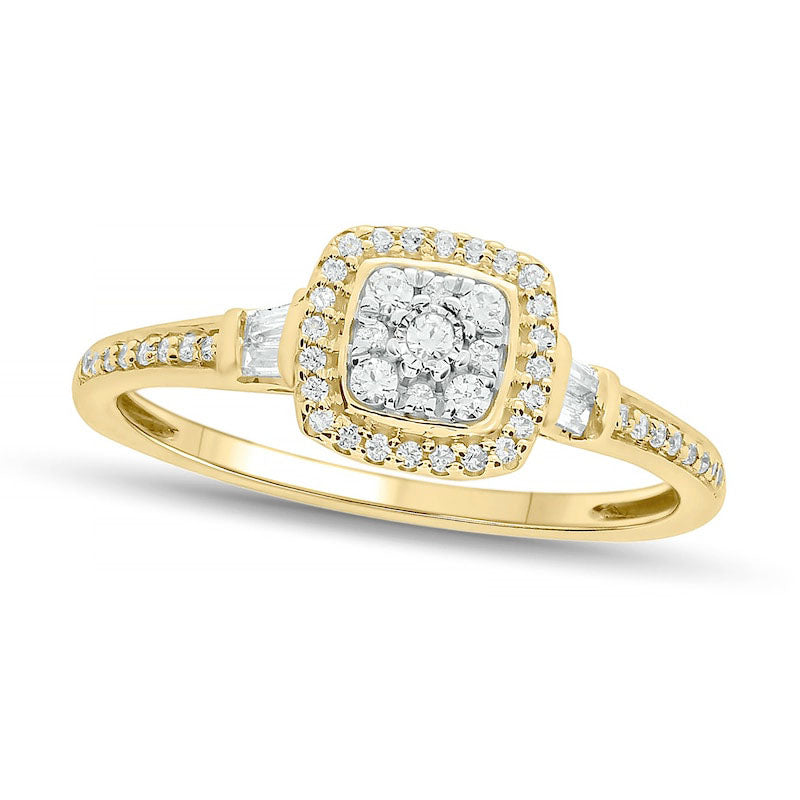 Image of ID 1 020 CT TW Composite Baguette and Round Natural Diamond Cushion-Shape Frame Promise Ring in Solid 10K Yellow Gold