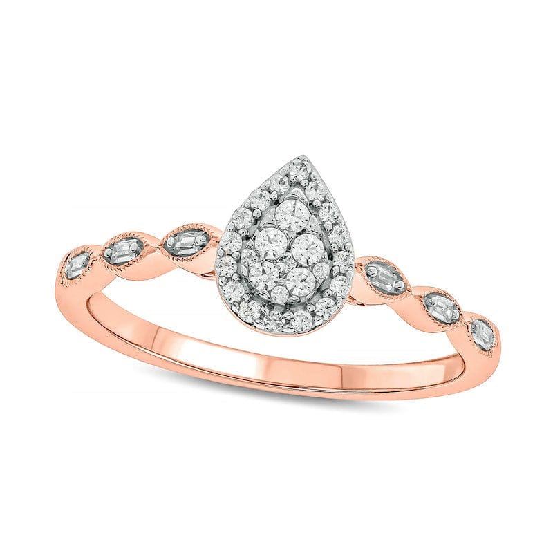 Image of ID 1 020 CT TW Composite Baguette and Round Natural Diamond Pear-Shaped Frame Scallop Shank Promise Ring in Solid 10K Rose Gold