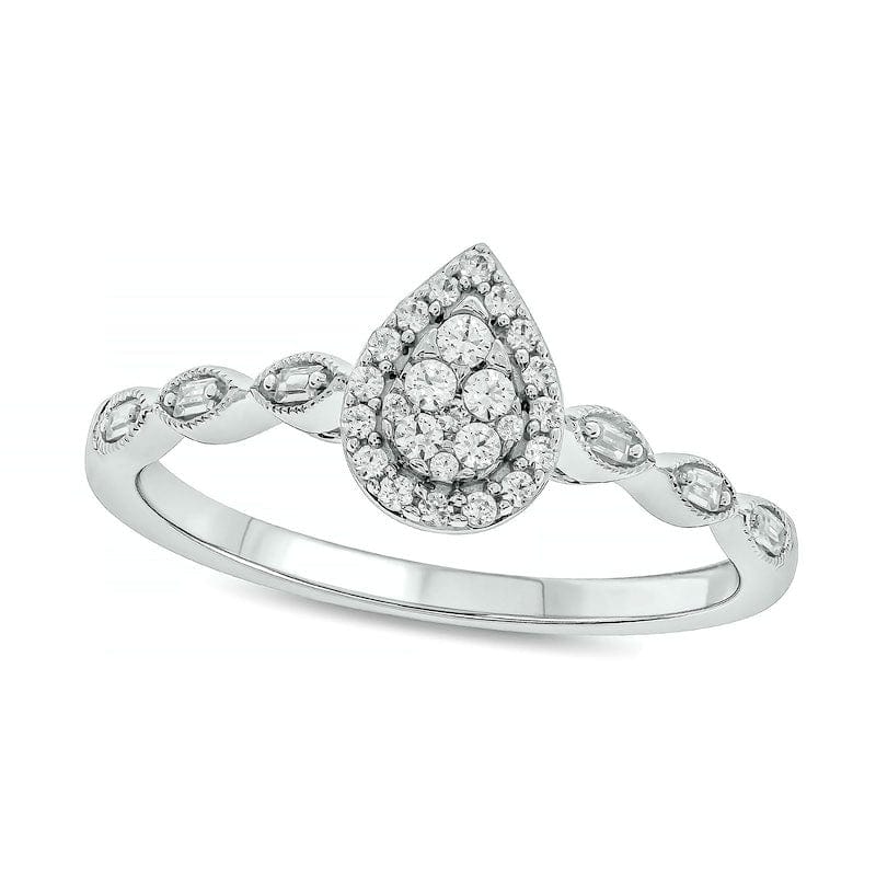 Image of ID 1 020 CT TW Composite Baguette and Round Natural Diamond Pear-Shaped Frame Scallop Shank Promise Ring in Solid 10K White Gold