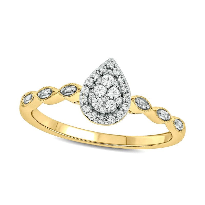 Image of ID 1 020 CT TW Composite Baguette and Round Natural Diamond Pear-Shaped Frame Scallop Shank Promise Ring in Solid 10K Yellow Gold