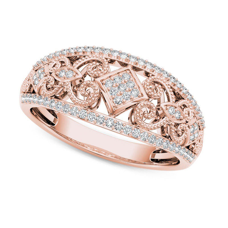 Image of ID 1 020 CT TW Composite Natural Diamond Antique Vintage-Style Tilted Square Filigree Ring in Solid 10K Rose Gold