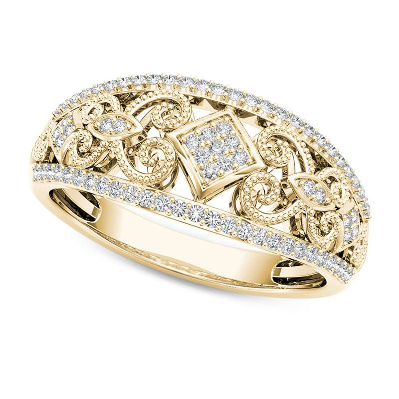Image of ID 1 020 CT TW Composite Natural Diamond Antique Vintage-Style Tilted Square Filigree Ring in Solid 10K Yellow Gold