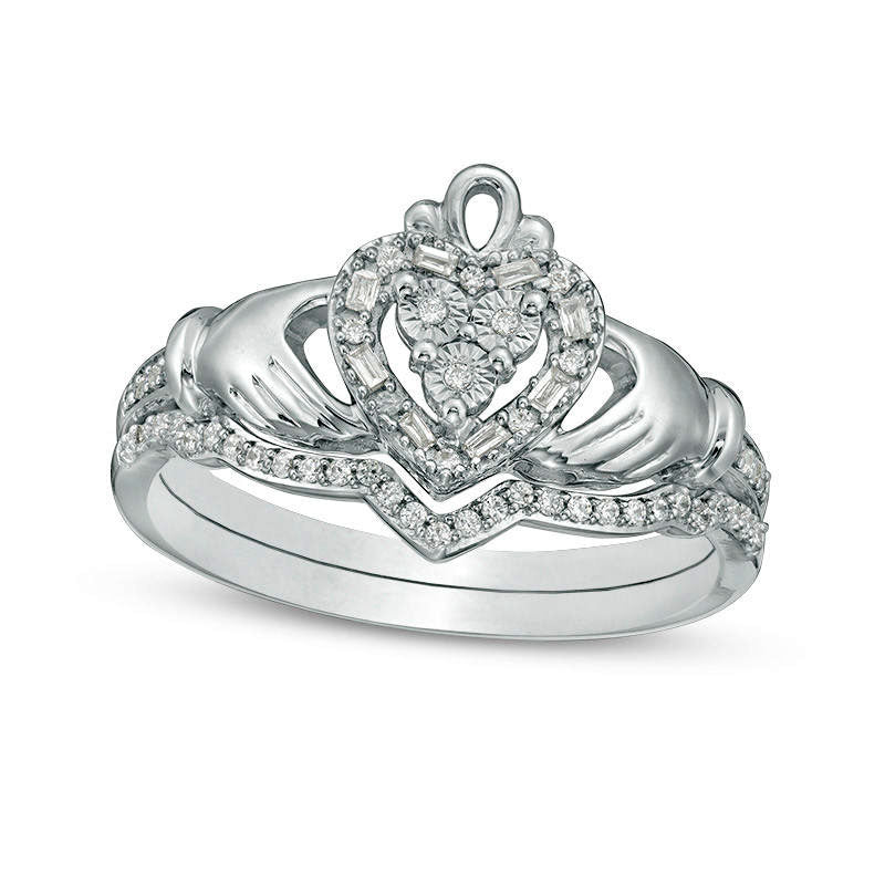 Image of ID 1 020 CT TW Composite Natural Diamond Claddagh Bridal Engagement Ring Set in Sterling Silver