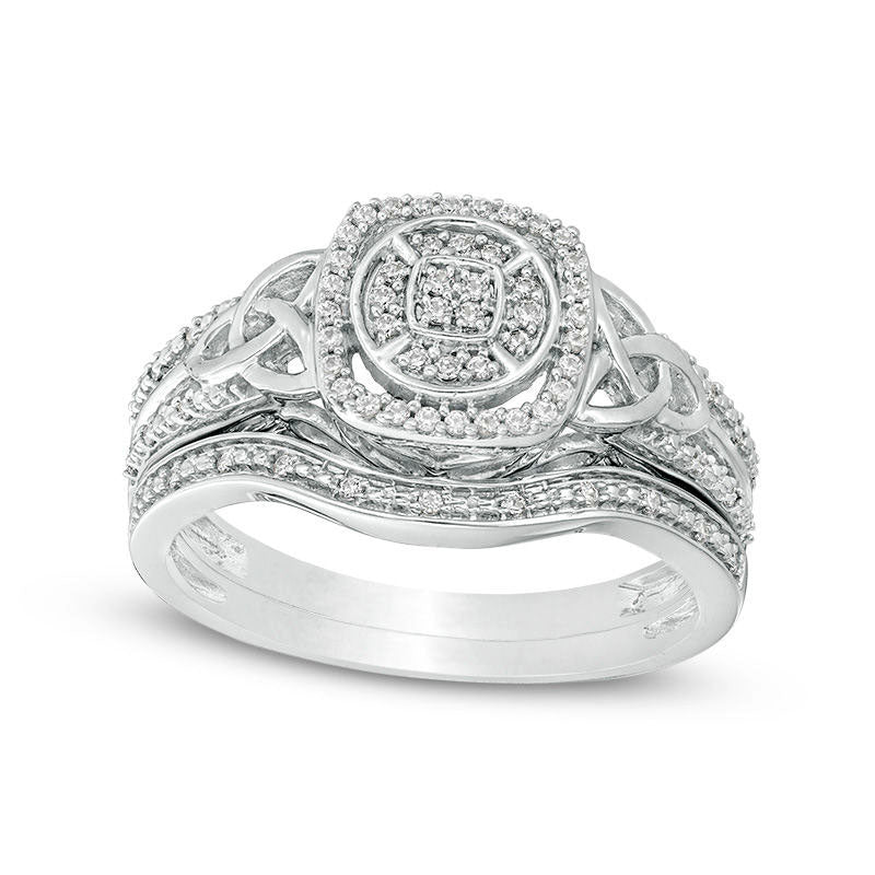Image of ID 1 020 CT TW Composite Natural Diamond Cushion Frame Celtic Knot Sides Bridal Engagement Ring Set in Sterling Silver