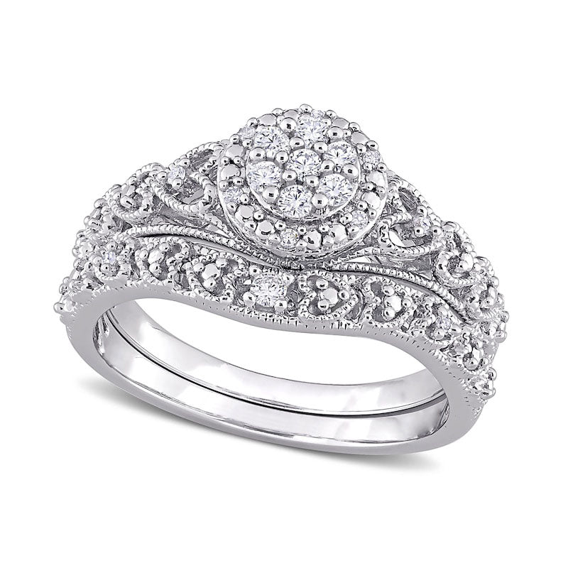 Image of ID 1 020 CT TW Composite Natural Diamond Frame Antique Vintage-Style Bridal Engagement Ring Set in Sterling Silver