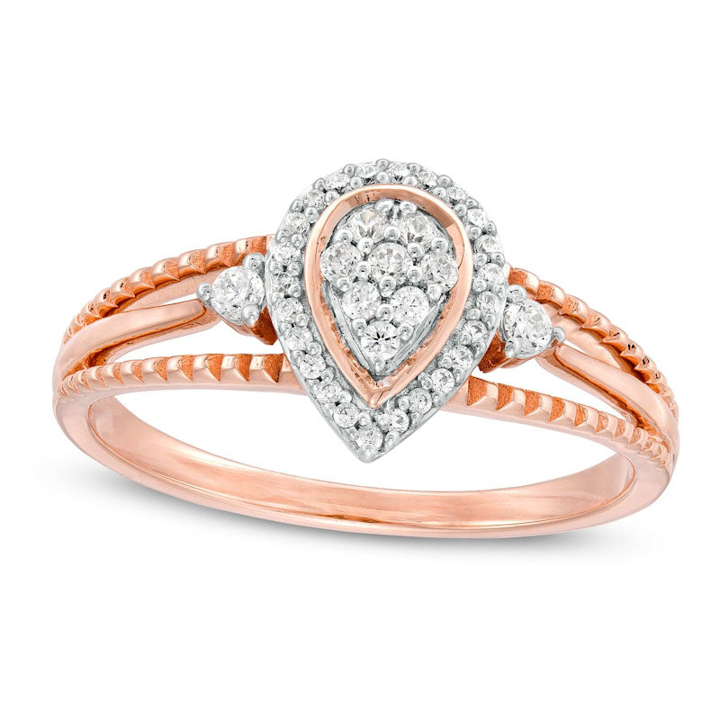 Image of ID 1 020 CT TW Composite Natural Diamond Pear-Shaped Frame Antique Vintage-Style Split Shank Promise Ring in Solid 10K Rose Gold