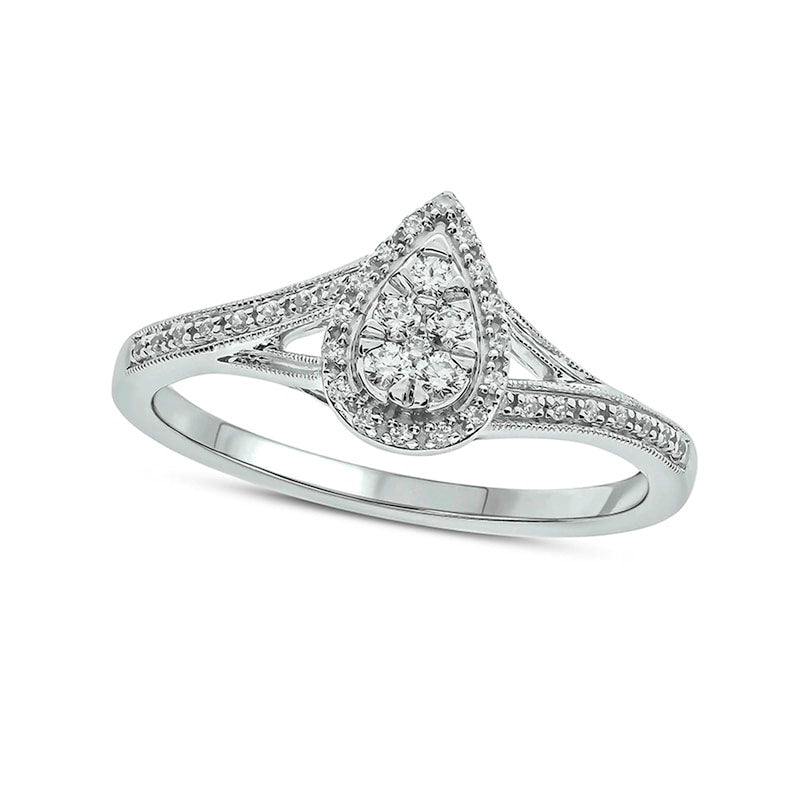 Image of ID 1 020 CT TW Composite Pear Natural Diamond Frame Antique Vintage-Style Split Shank Promise Ring in Solid 10K White Gold