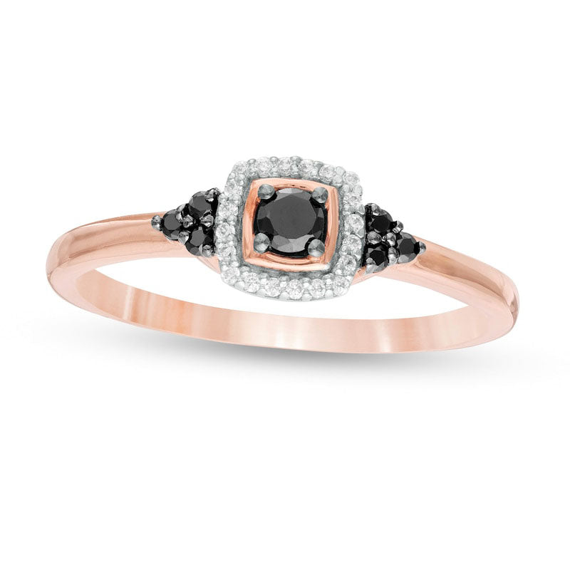 Image of ID 1 020 CT TW Enhanced Black and White Natural Diamond Cushion Frame Tri-Sides Promise Ring in Solid 10K Rose Gold