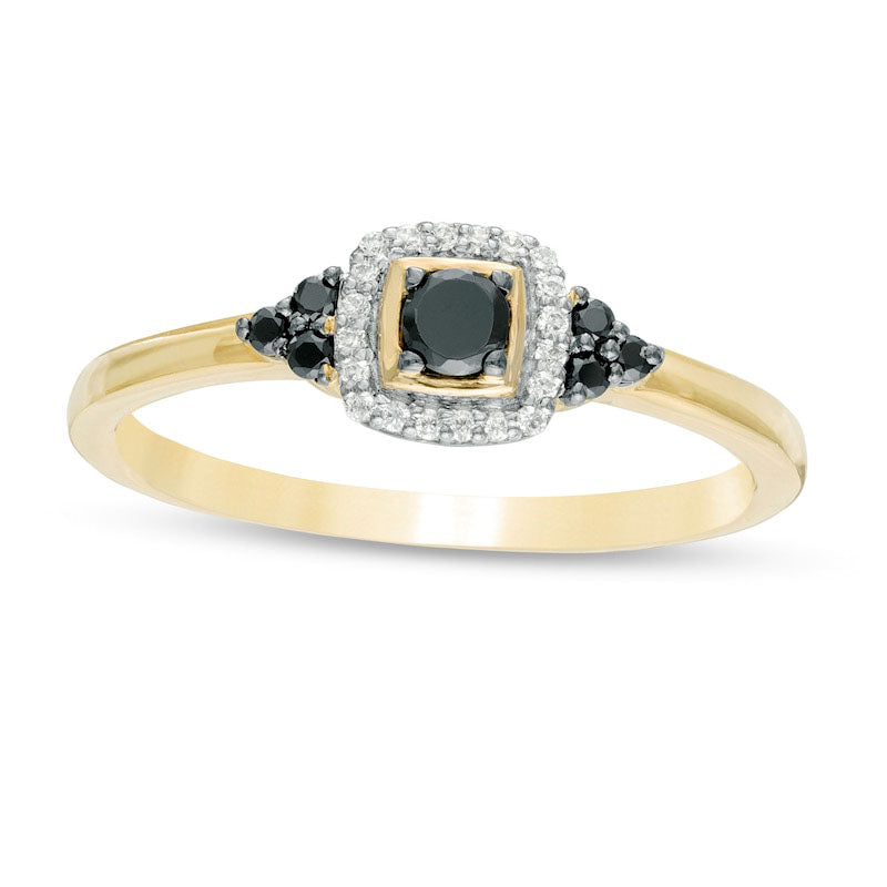 Image of ID 1 020 CT TW Enhanced Black and White Natural Diamond Cushion Frame Tri-Sides Promise Ring in Solid 10K Yellow Gold