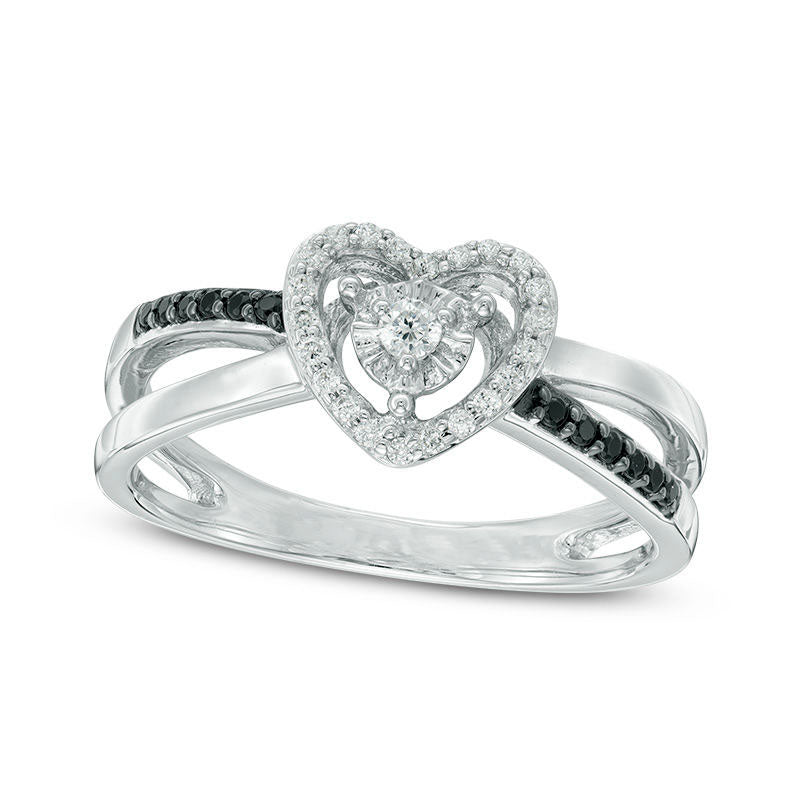 Image of ID 1 020 CT TW Enhanced Black and White Natural Diamond Heart Frame Split Shank Promise Ring in Sterling Silver