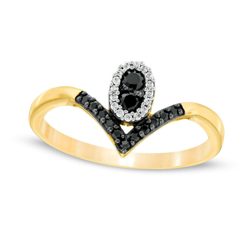 Image of ID 1 020 CT TW Enhanced Black and White Natural Diamond Oval Frame Chevron Ring in Solid 10K Yellow Gold