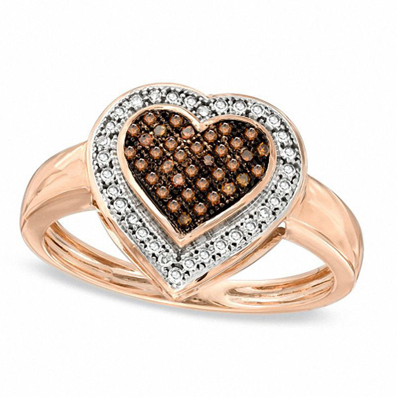 Image of ID 1 020 CT TW Enhanced Cognac and White Natural Diamond Heart Ring in Solid 10K Rose Gold