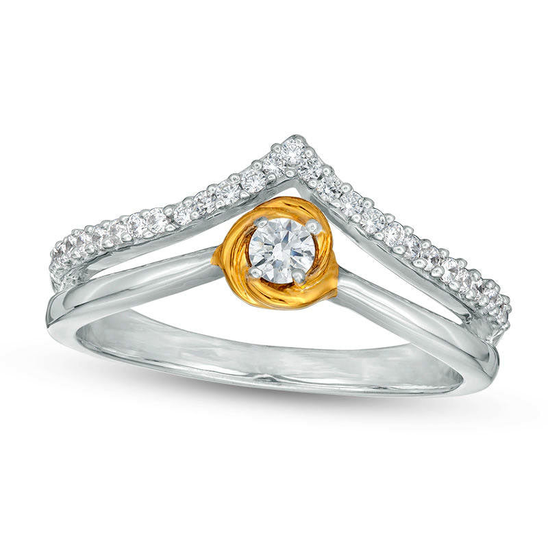 Image of ID 1 020 CT TW Natural Diamond Chevron Split Shank Promise Ring in Sterling Silver and Solid 10K Yellow Gold
