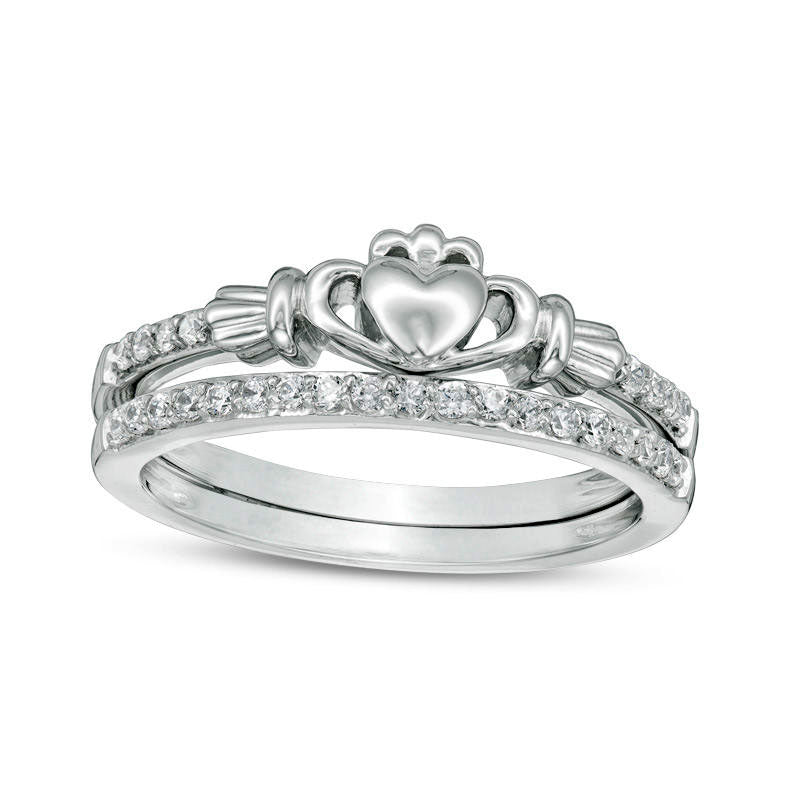 Image of ID 1 020 CT TW Natural Diamond Claddagh Bridal Engagement Ring Set in Solid 10K White Gold