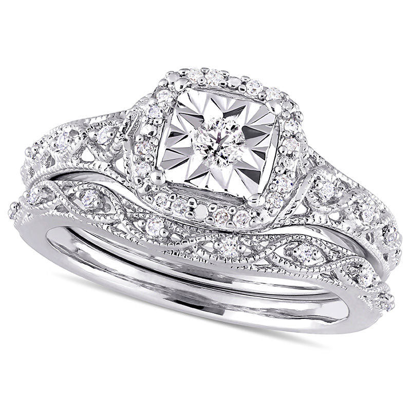 Image of ID 1 020 CT TW Natural Diamond Cushion Frame Twist Antique Vintage-Style Bridal Engagement Ring Set in Sterling Silver